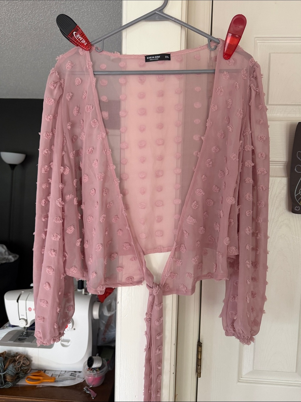 SHEIN Dusty Pink Sheer Tie-Front Textured Blouse
